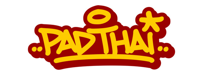 Vector graffiti tag illustration of the words "pad thai" in bold yellow with red line accents. Hand-drawn street art lettering on transparent background. Tasty, bold, and food-inspired urban style.
