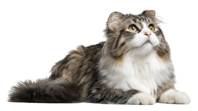 Fluffy cat lying down, looking up, with a striking expression and beautiful fur, isolated on white background.