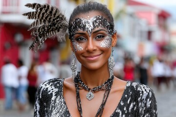 Festive island scene: National event, Tuesday gathering, Vincent heritage, Grenadines flair, joyful person, cultural outfit, caribbean mask, vibrant movement, happy group, carnival sound