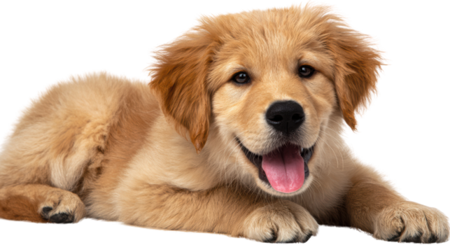 Golden retriever puppy lying down with a happy expression, isolated on a white background.