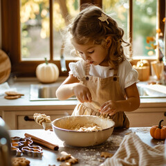 Little girl mixing cookie dough on a sunny kitchen counter with autumn decorations