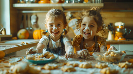 Two sisters bake pumpkin cookies with floured noses in a brightly lit kitchen.