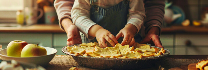 Child decorating apple pie with parent in a warm, cozy autumn kitchen