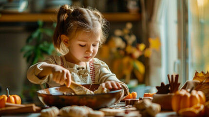 Little girl mixing cookie dough on a sunny kitchen counter with autumn decorations