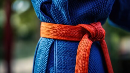 Detail of a blue judo gi tied with an orange belt, showcasing martial arts training