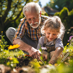 Grandfather and grandchild planting flowers in backyard garden