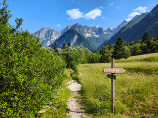 Idyllic and tranquil mountain valley with green meadow, hiking path and a directional signpost....