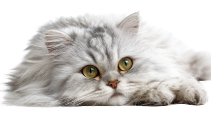 Persian cat lying down, displaying its striking fur and large eyes, isolated on a white background.