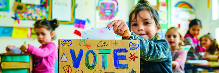 Child casting ballot into handmade voting box in cheerful classroom