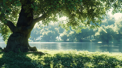 Peaceful Summer Scene Beneath Camphor Tree with Lake and Text Space
