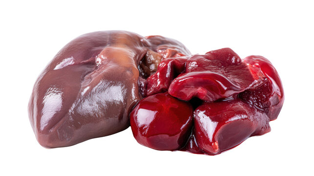 Raw organ meats including liver and kidneys on a white isolated background.