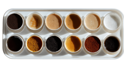Twelve cups of various coffee and sugar samples arranged in a tray, isolated on white background.