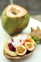 Different fresh fruits on white table, closeup