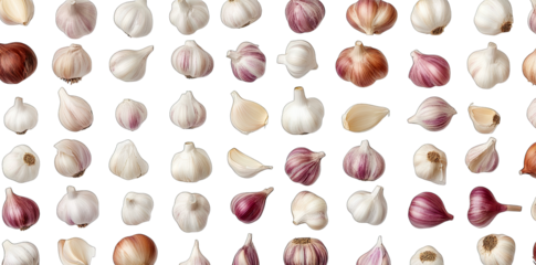 A Variety Of Garlic Cloves Arranged In Neat Rows On A Transparent Background Some Cloves Are Peeled Revealing The Inner Segments While Others Are Whole With Their Papery Skin Intact Different Sizes Sh