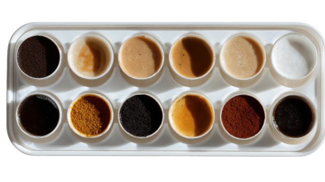 Twelve cups of various coffee and sugar samples arranged in a tray, isolated on white background.