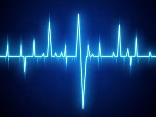 Glowing ECG heart rate graph on dark background, futuristic healthcare technology concept, neon blue lines in monitor background copy space