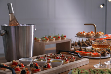 Buffet menu. Many different appetizers on table, closeup