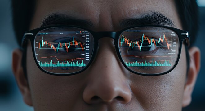 Stock market data reflected in the glasses of an Asian financial analyst. (AI Generated)