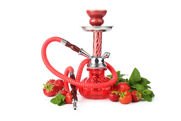 Red traditional hookah, strawberries and mint isolated on white