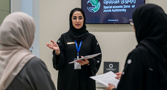 Emirati businesswoman confidently presents to colleagues, showcasing professionalism and expertise. - Powered by Adobe