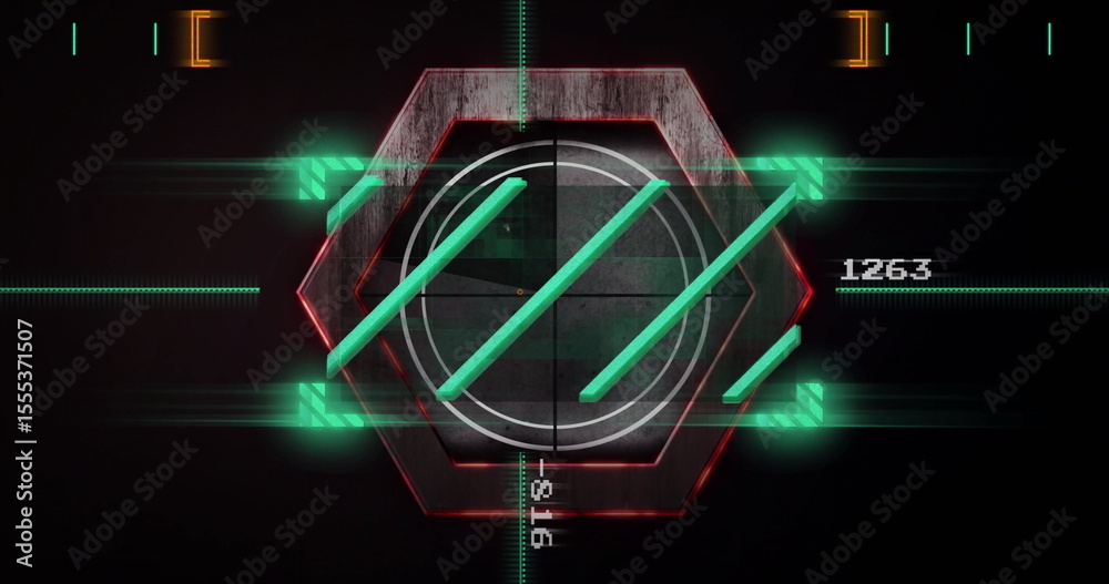 Poster displaying hexagon hud sweeping green bars and scanlines at futuristic interface, numeric readout