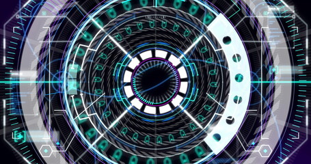 Displaying holographic interface rotating concentric rings on digital display, with binary code