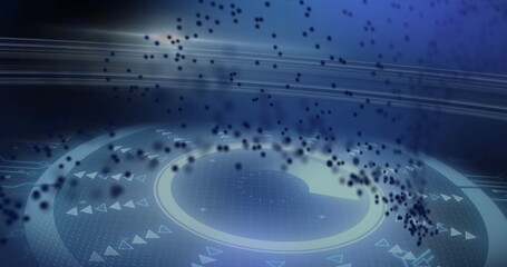 Pulsating circular UI element pulsating in interface space, with concentric rings and data streams