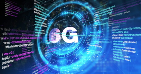 Rotating 5G label with wireframe globe moving through digital space with neon rings, code streams