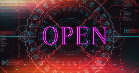 Displaying neon pink OPEN sign over digital interface, with HUD rings and numeric code panels
