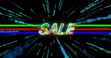 Glowing SALE text flashing at center of graphic, with neon lines and radiating particles