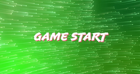 Bold stylized GAME START text flowing in green streaked game start screen with particle motion