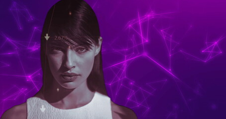 Analyzing data percentages, woman in school with purple abstract network background