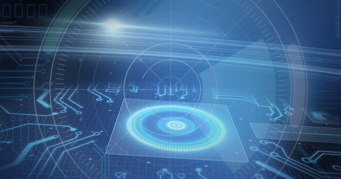 Displaying glowing holographic interface floating above panel with circuit overlays on virtual grid