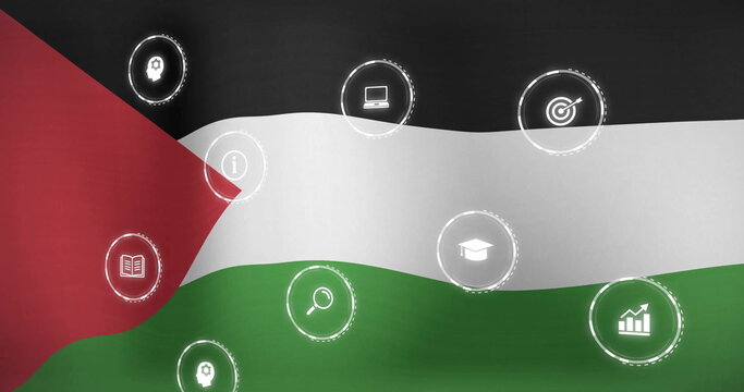 Palestinian flag with image of digital icons representing school and technology - Powered by Adobe