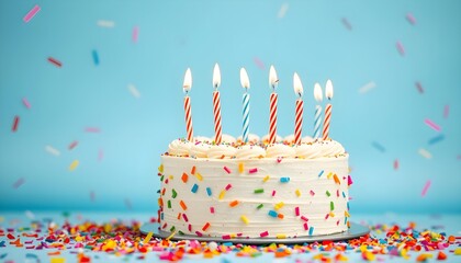 Birthday celebration cake with candles festive atmosphere colorful confetti close-up view