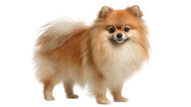 Adorable Pomeranian dog with fluffy fur, standing against a white isolate background.