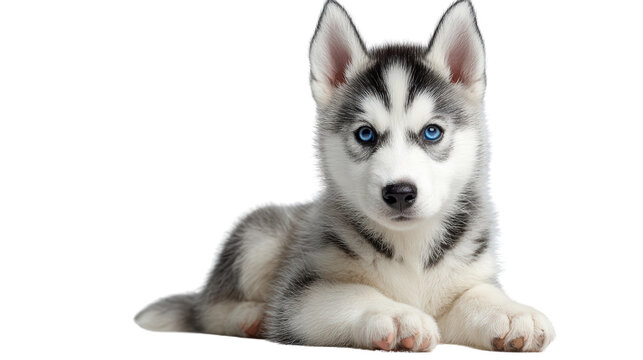 Adorable husky puppy with striking blue eyes, lying on a white background.