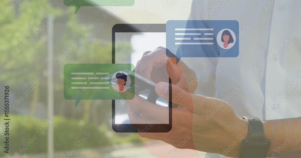 Poster using smartphone, person viewing image of chat message icons on screen