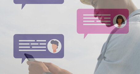 Using smartphone, child in image with colorful chat bubbles in school