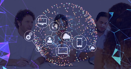 Holding team meeting of four professionals at conference room, with data network overlay