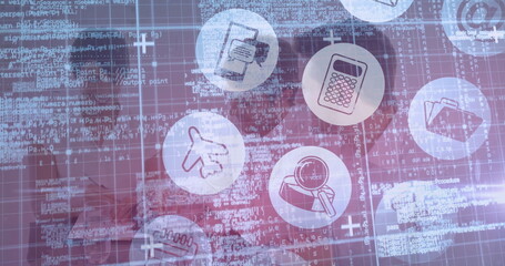 Displaying finance icons in code interface with calculator plane magnifier folder report coins