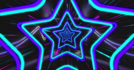 Forming nested neon stars creating glowing tunnel in abstract space, with cyan and magenta streaks