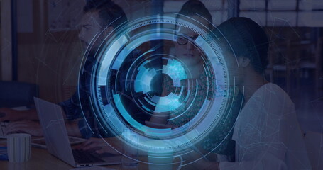 Collaborating three colleagues working on laptops in office, with futuristic blue interface overlay