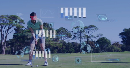 Mature golfer lining up putt on fairway with putter, ball, visor, glove, data overlays, copy space