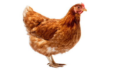Fototapeta premium Brown chicken with feathers, standing on a white isolated background.