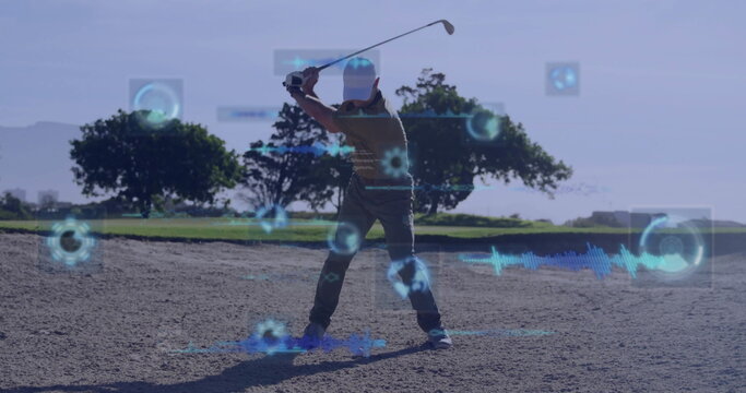 Swinging golfer striking golf ball and analyzing swing data at sand bunker, with digital overlays - Powered by Adobe