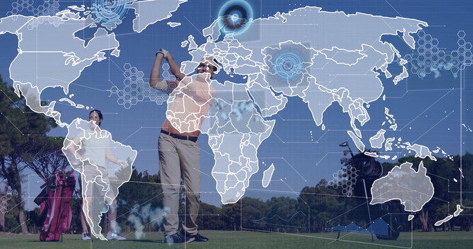 Swinging golf club, golfer with image of world map and data overlays