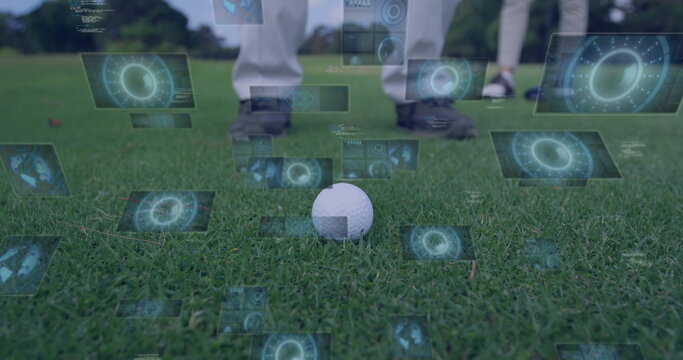 Showing couple holding golf clubs behind white golf ball on tee box, with floating data panels