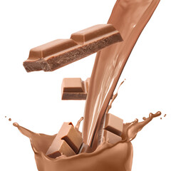 Pouring chocolate milk and flying pieces of chocolate against white background