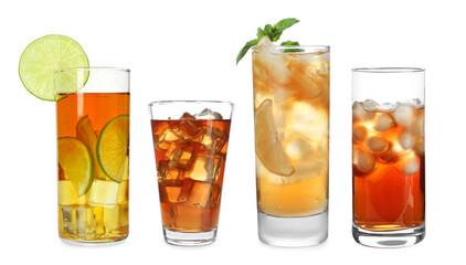 Iced tea in glasses isolated on white, set